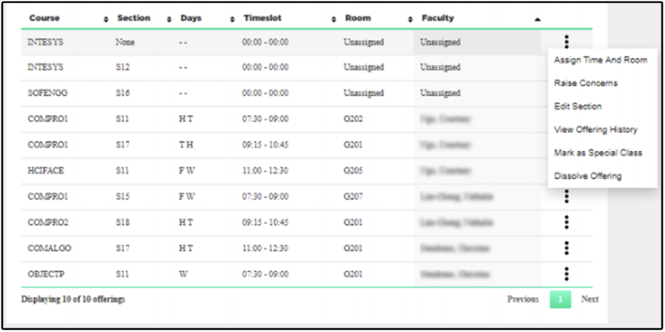 The prototype screen showing the list of courses